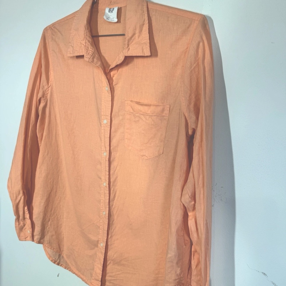 Gap Easy Shirt Orange Linen Blend Long Sleeve Button Up Shirt Women's M Coastal - Picture 3 of 9